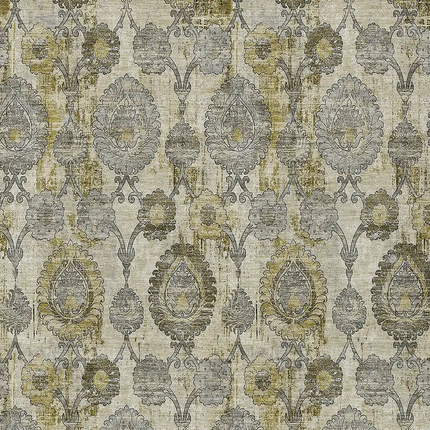 Khaki Beige And Gold Damask Washable Indoor Outdoor Area Rug Photo 7