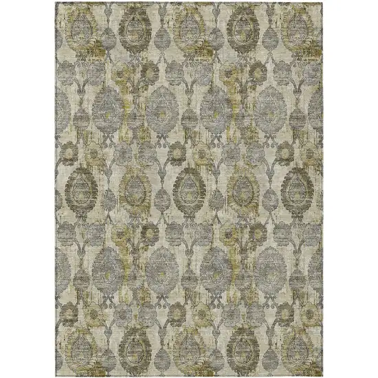 Khaki Beige And Gold Damask Washable Indoor Outdoor Area Rug Photo 2