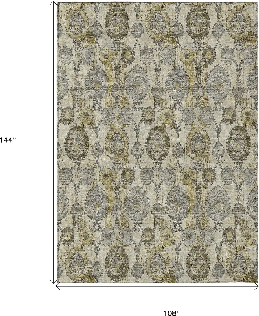 Khaki Beige And Gold Damask Washable Indoor Outdoor Area Rug Photo 3