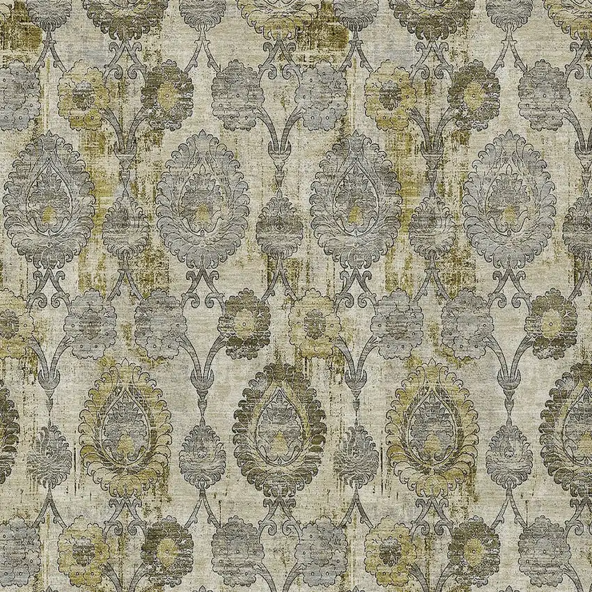 Khaki Beige And Gold Damask Washable Indoor Outdoor Area Rug Photo 7