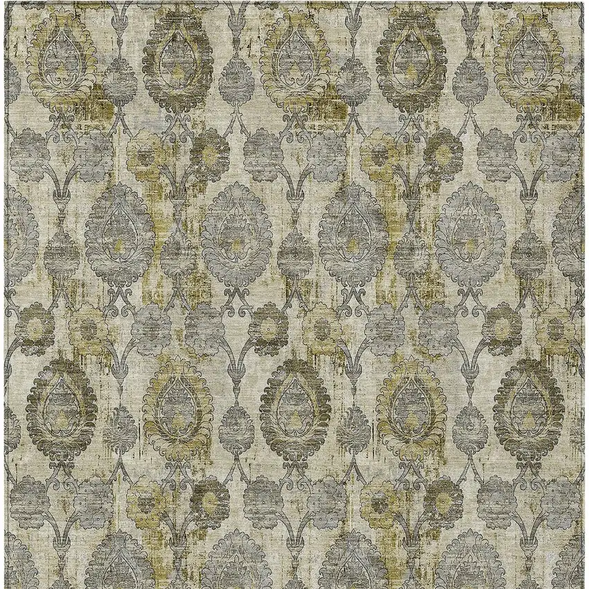 Khaki Beige And Gold Damask Washable Indoor Outdoor Area Rug Photo 8