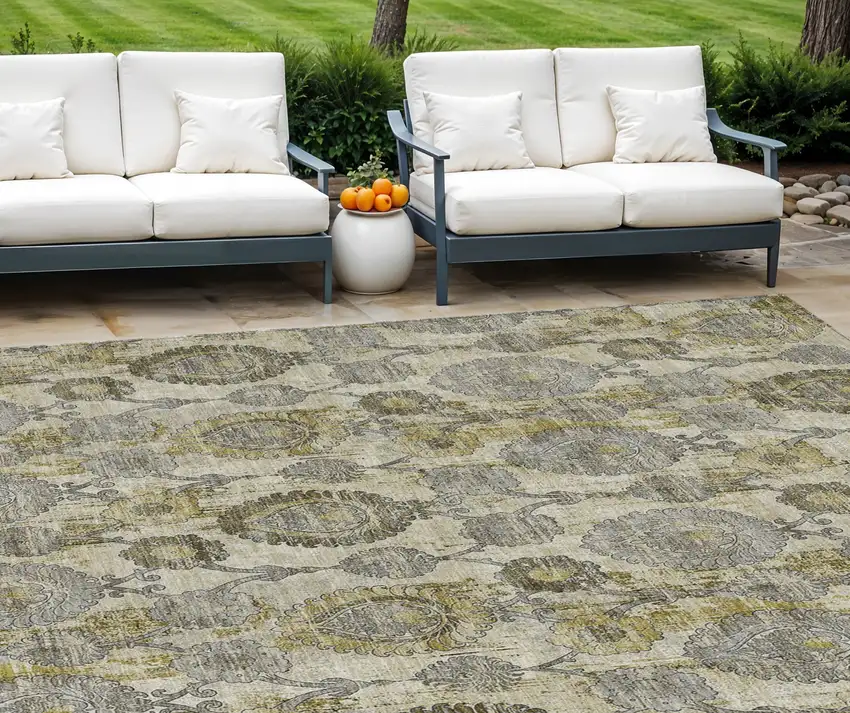 Khaki Beige And Gold Damask Washable Indoor Outdoor Area Rug Photo 1