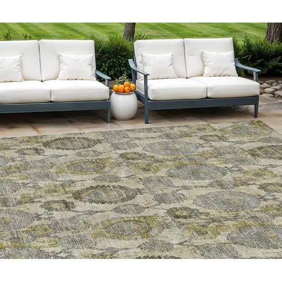 Khaki Beige And Gold Damask Washable Indoor Outdoor Area Rug Photo 1