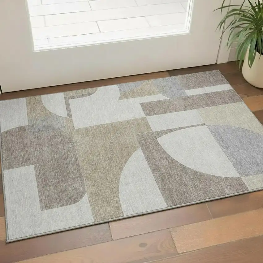 Khaki Beige And Gray Abstract Geometric Washable Area Rug With UV Protection Photo 2