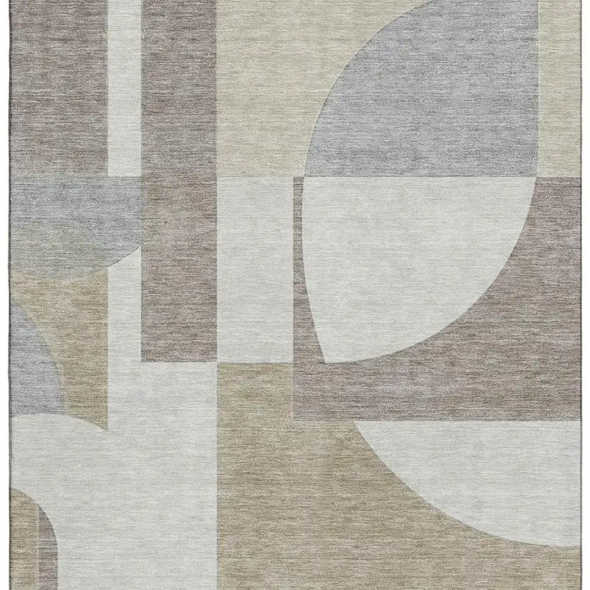 Khaki Beige And Gray Abstract Geometric Washable Area Rug With UV Protection Photo 3