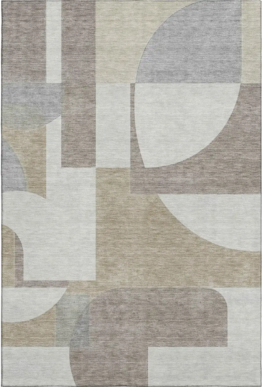 Khaki Beige And Gray Abstract Geometric Washable Area Rug With UV Protection Photo 1