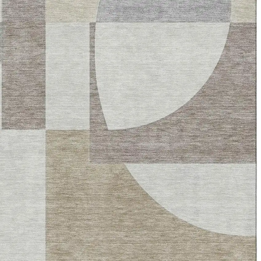 Khaki Beige And Gray Abstract Geometric Washable Area Rug With UV Protection Photo 2