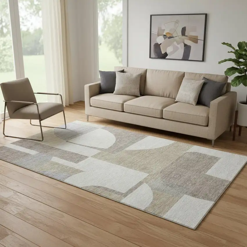 Khaki Beige And Gray Abstract Geometric Washable Area Rug With UV Protection Photo 2