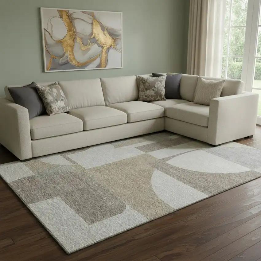 Khaki Beige And Gray Abstract Geometric Washable Area Rug With UV Protection Photo 2