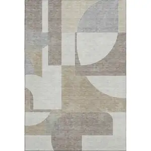 Photo of Khaki Beige And Gray Abstract Geometric Washable Area Rug With UV Protection