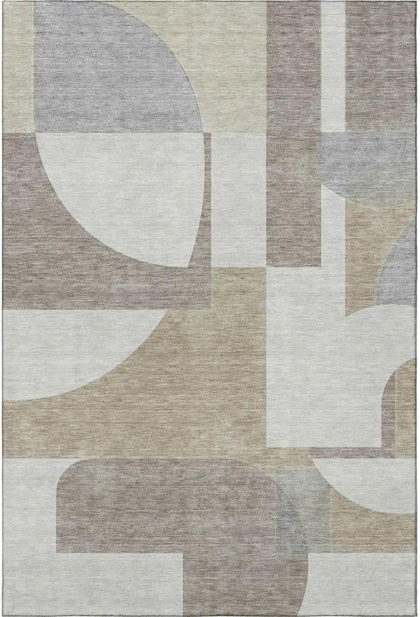 Khaki Beige And Gray Abstract Geometric Washable Area Rug With UV Protection Photo 3