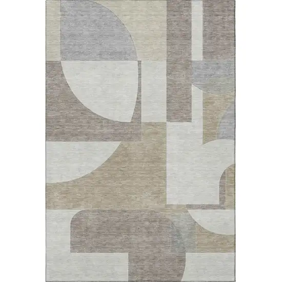 Khaki Beige And Gray Abstract Geometric Washable Area Rug With UV Protection Photo 3