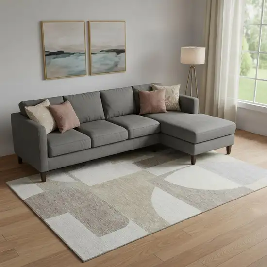 Khaki Beige And Gray Abstract Geometric Washable Area Rug With UV Protection Photo 2