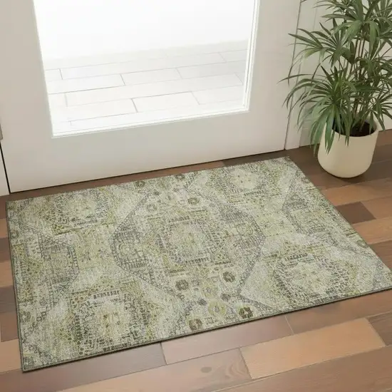 Khaki Beige And Gray Abstract Geometric Washable Area Rug With UV Protection Photo 2