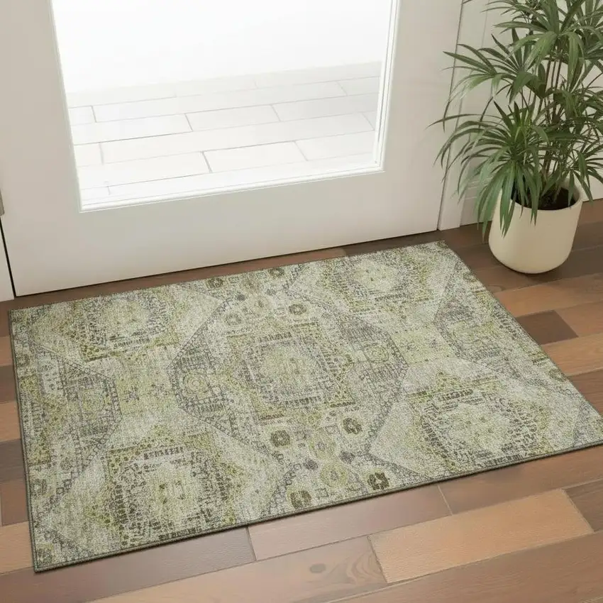 Khaki Beige And Gray Abstract Geometric Washable Area Rug With UV Protection Photo 2