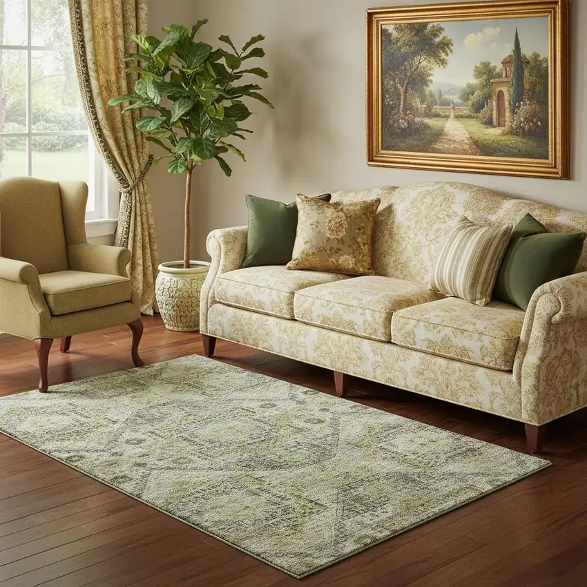 Khaki Beige And Gray Abstract Geometric Washable Area Rug With UV Protection Photo 2