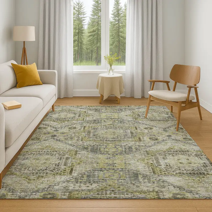 Khaki Beige And Gray Abstract Geometric Washable Area Rug With UV Protection Photo 6