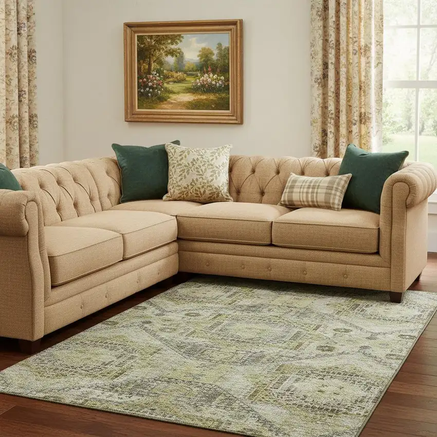 Khaki Beige And Gray Abstract Geometric Washable Area Rug With UV Protection Photo 2