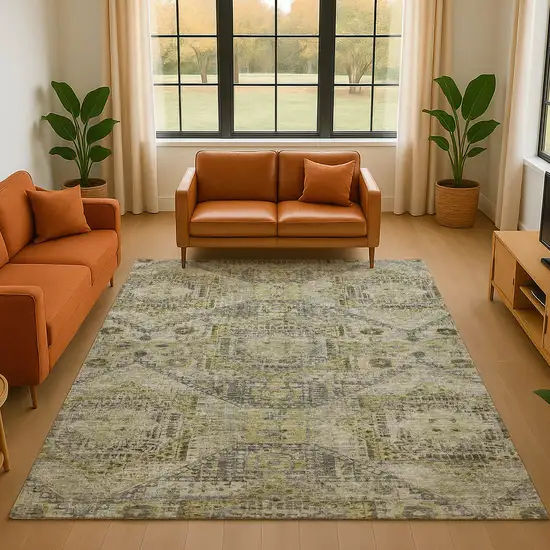 Khaki Beige And Gray Abstract Geometric Washable Area Rug With UV Protection Photo 5