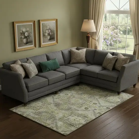 Khaki Beige And Gray Abstract Geometric Washable Area Rug With UV Protection Photo 2