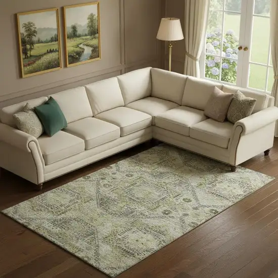 Khaki Beige And Gray Abstract Geometric Washable Area Rug With UV Protection Photo 2