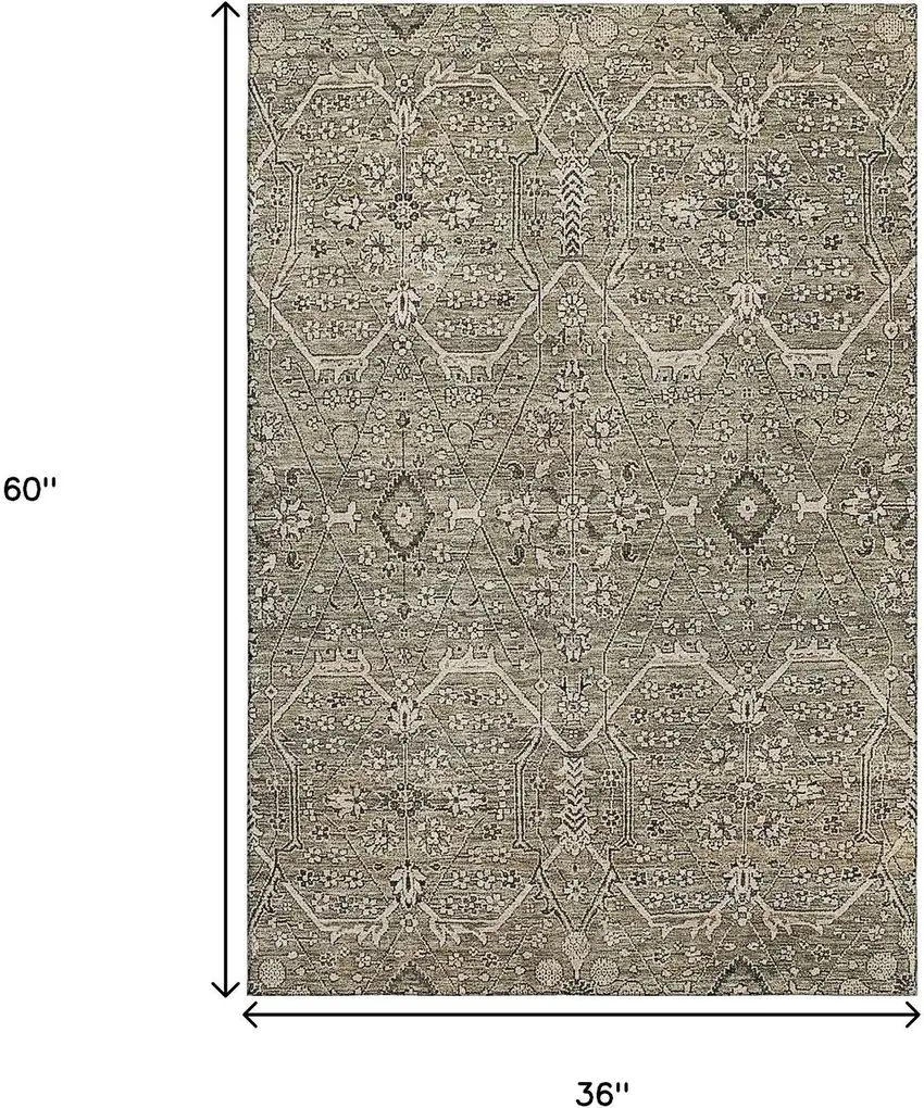 Khaki Beige And Gray Floral Washable Area Rug With UV Protection Photo 3