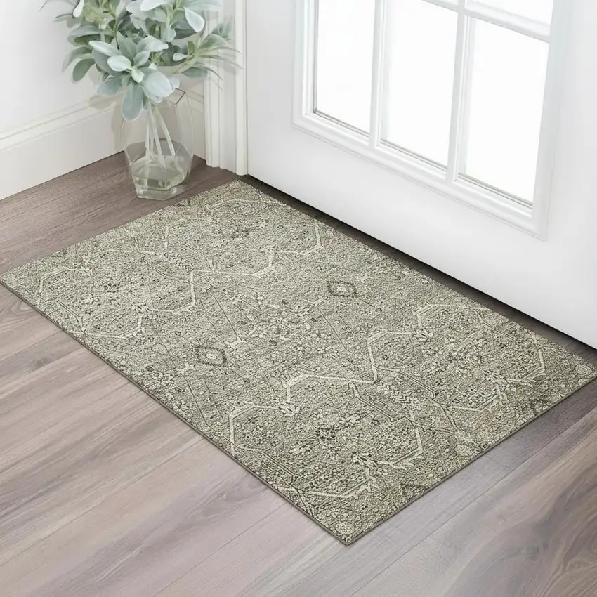 Khaki Beige And Gray Floral Washable Area Rug With UV Protection Photo 2