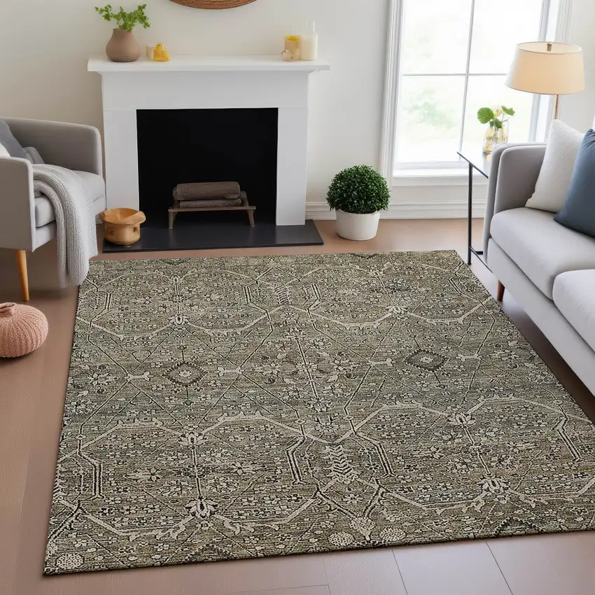 Khaki Beige And Gray Floral Washable Area Rug With UV Protection Photo 4