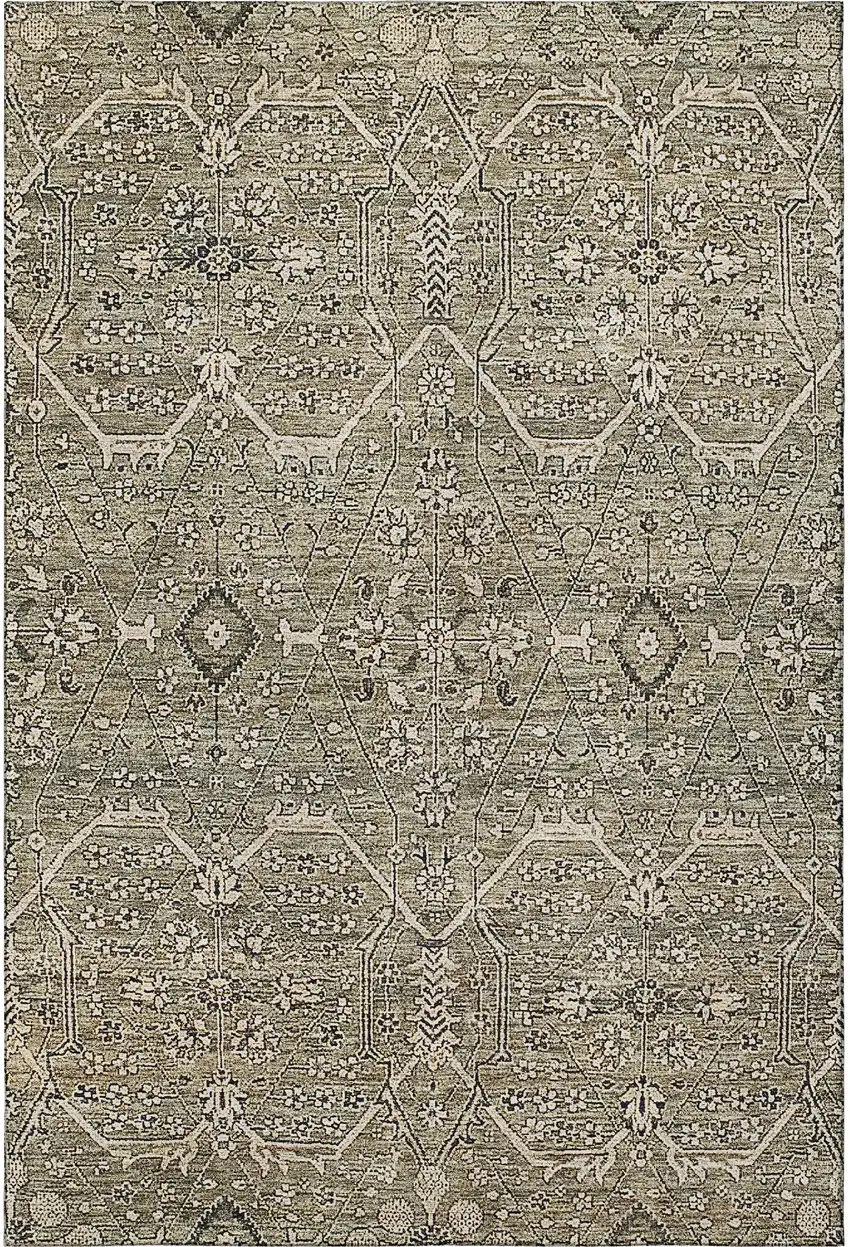 Khaki Beige And Gray Floral Washable Area Rug With UV Protection Photo 3