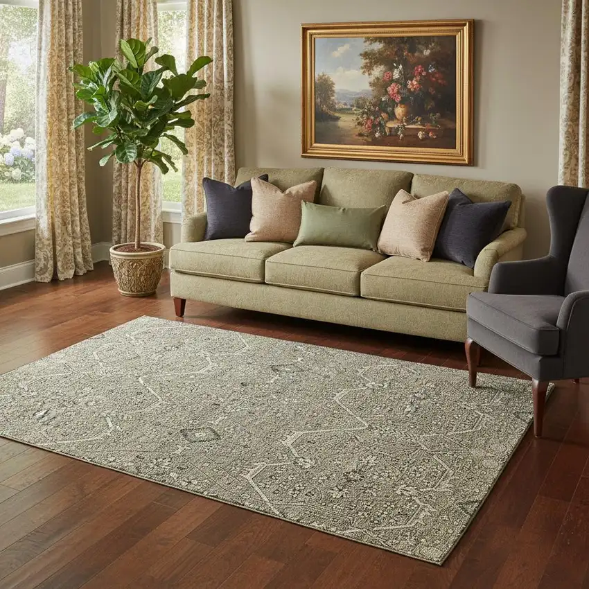 Khaki Beige And Gray Floral Washable Area Rug With UV Protection Photo 2