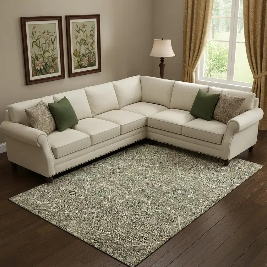 Khaki Beige And Gray Floral Washable Area Rug With UV Protection Photo 2