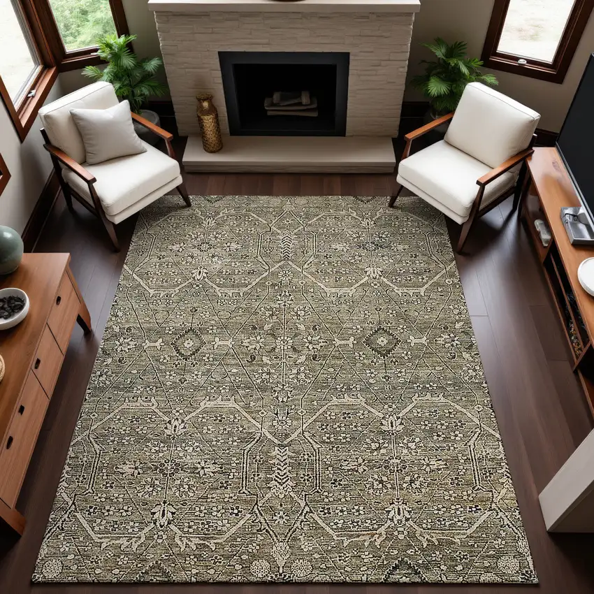 Khaki Beige And Gray Floral Washable Area Rug With UV Protection Photo 5