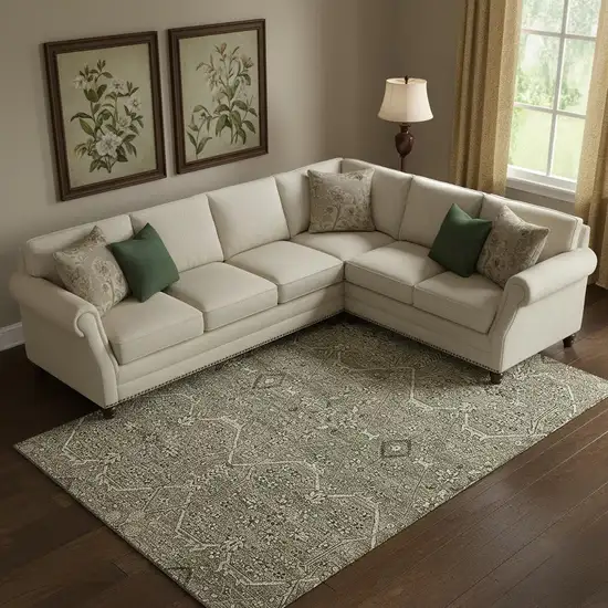 Khaki Beige And Gray Floral Washable Area Rug With UV Protection Photo 2