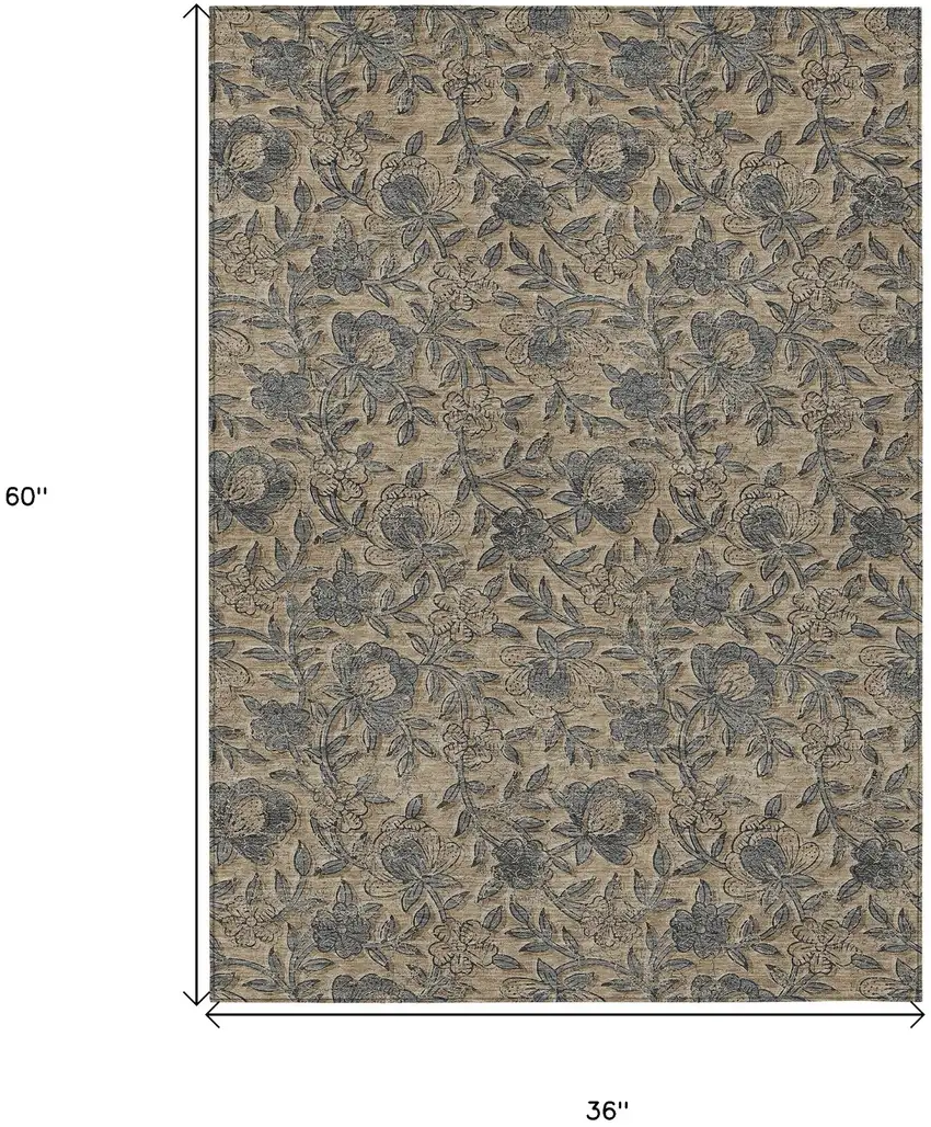 Khaki Beige And Gray Floral Washable Indoor Outdoor Area Rug Photo 7