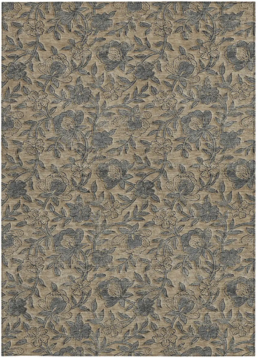 Khaki Beige And Gray Floral Washable Indoor Outdoor Area Rug Photo 6