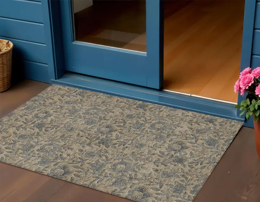 Khaki Beige And Gray Floral Washable Indoor Outdoor Area Rug Photo 1