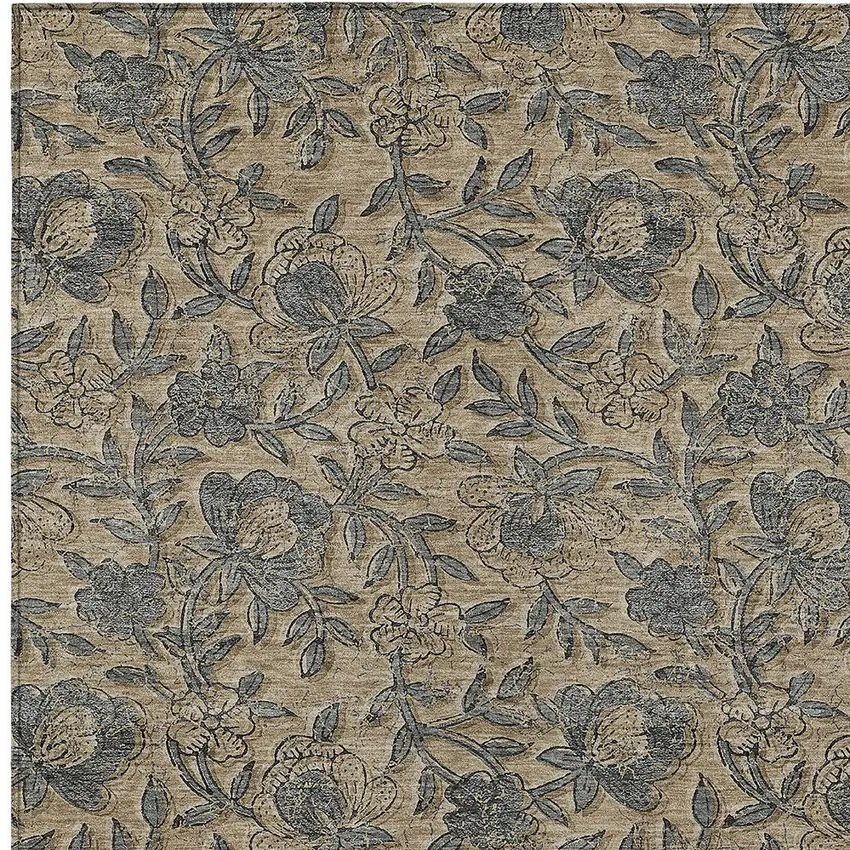 Khaki Beige And Gray Floral Washable Indoor Outdoor Area Rug Photo 5