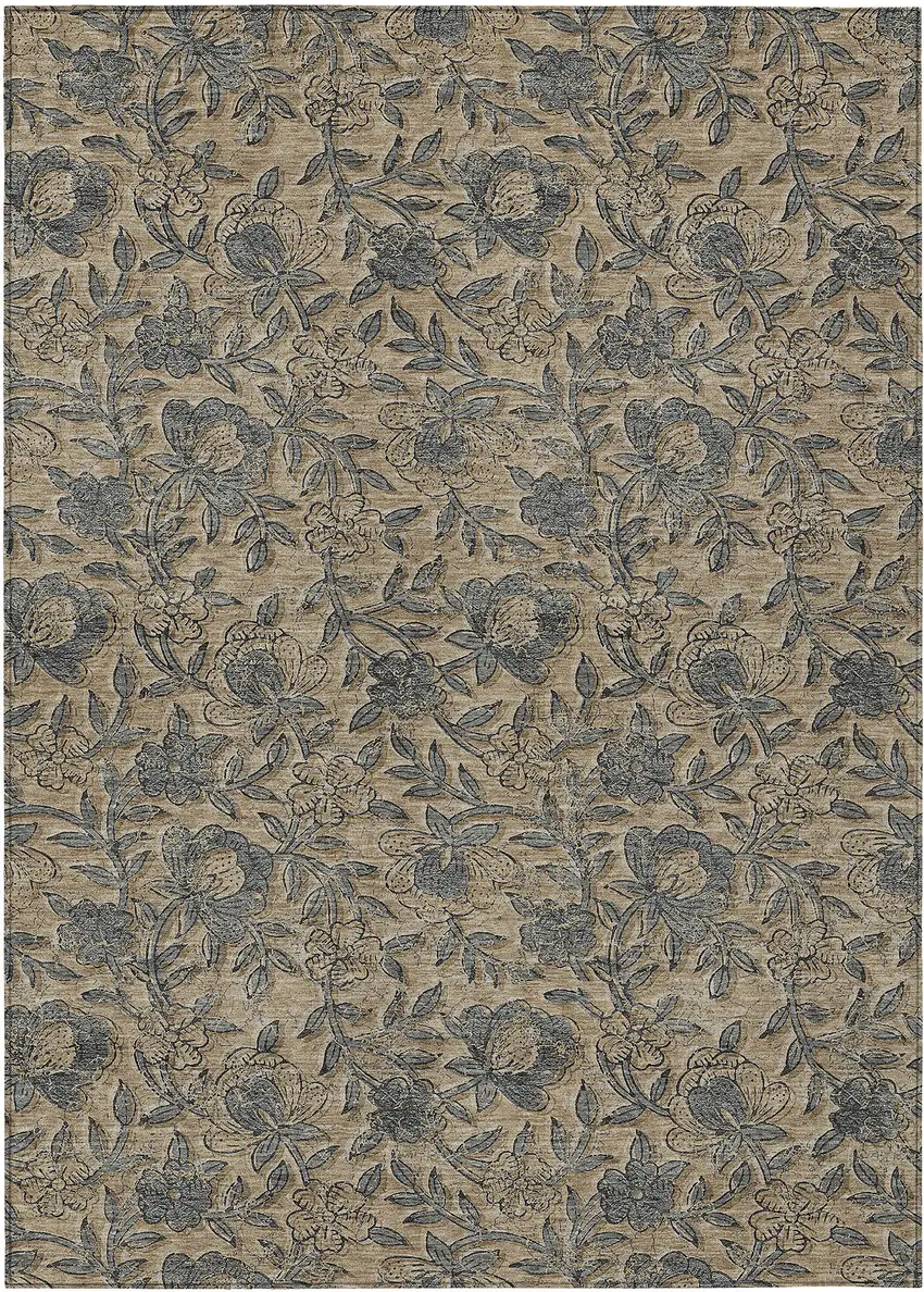 Khaki Beige And Gray Floral Washable Indoor Outdoor Area Rug Photo 2