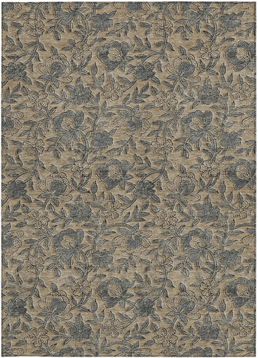 Khaki Beige And Gray Floral Washable Indoor Outdoor Area Rug Photo 5
