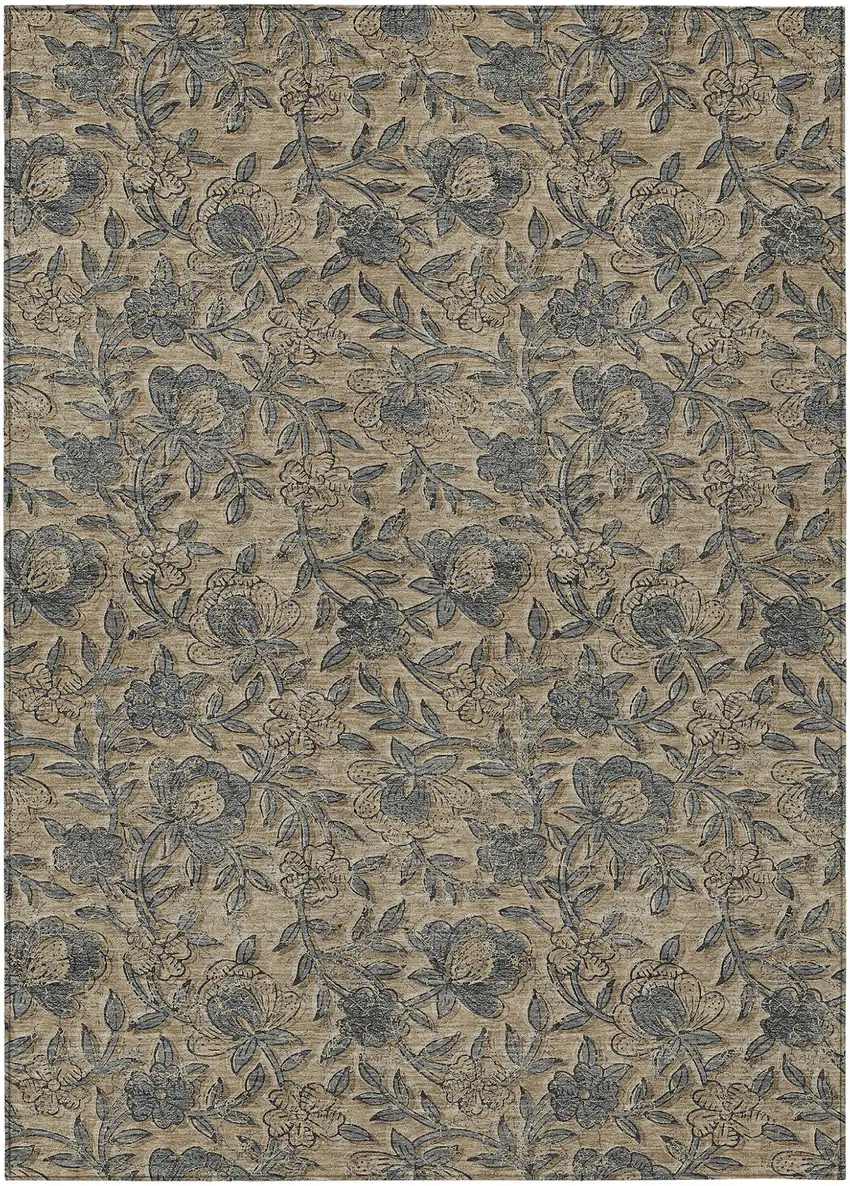 Khaki Beige And Gray Floral Washable Indoor Outdoor Area Rug Photo 1
