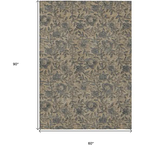 Khaki Beige And Gray Floral Washable Indoor Outdoor Area Rug Photo 3