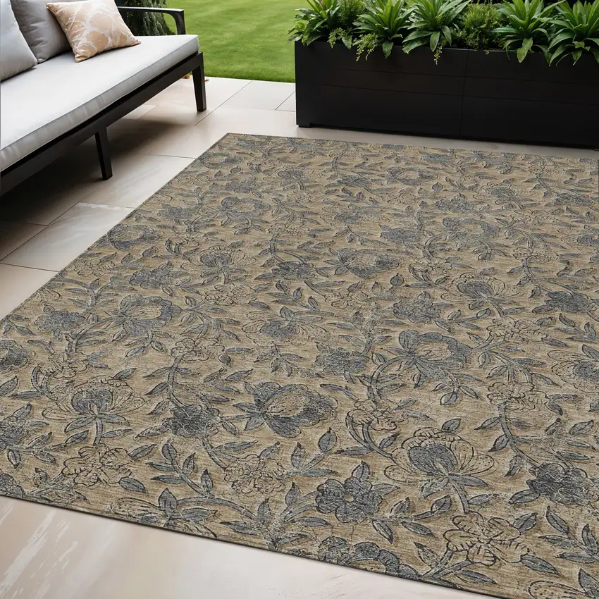 Khaki Beige And Gray Floral Washable Indoor Outdoor Area Rug Photo 1