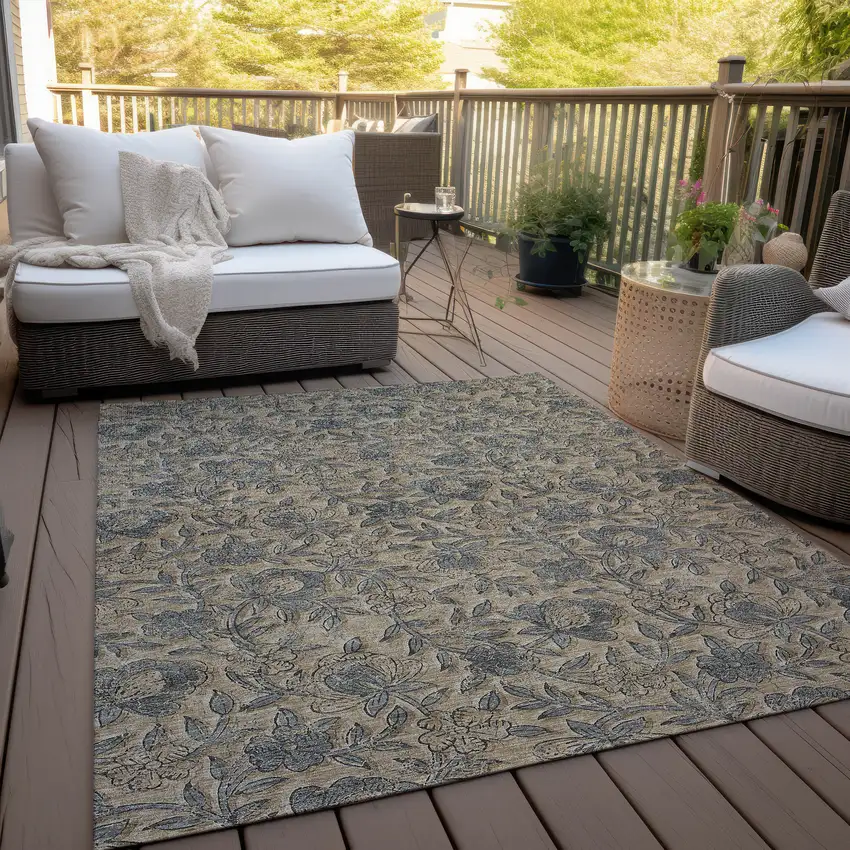 Khaki Beige And Gray Floral Washable Indoor Outdoor Area Rug Photo 8