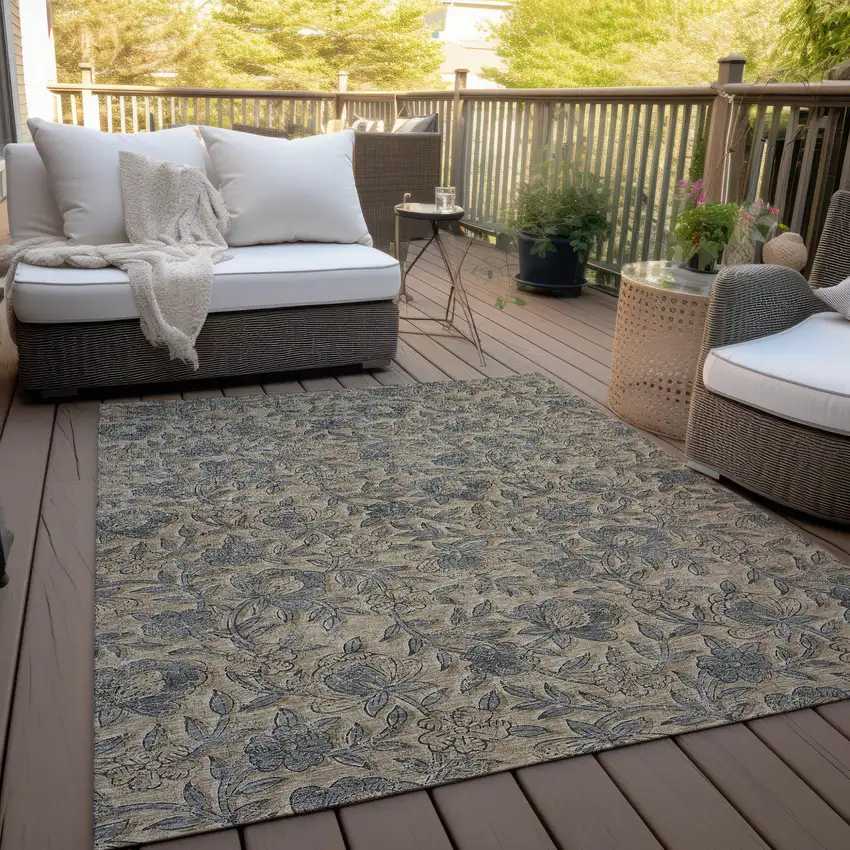 Khaki Beige And Gray Floral Washable Indoor Outdoor Area Rug Photo 8