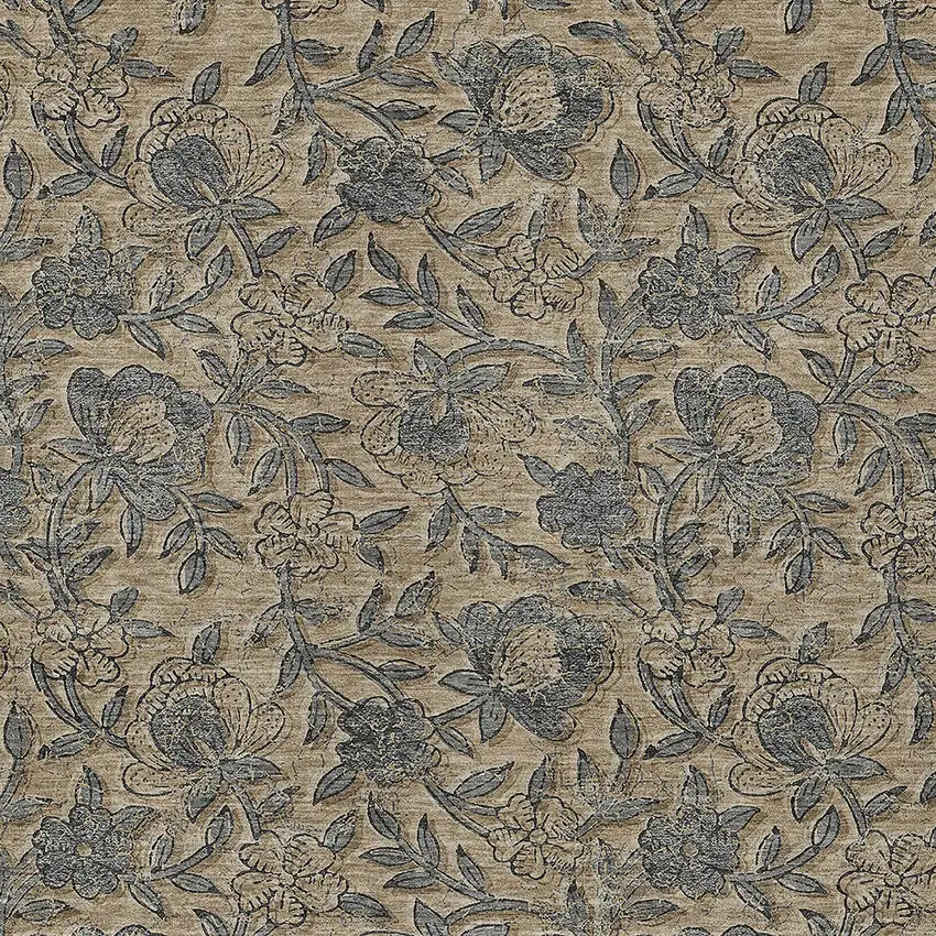 Khaki Beige And Gray Floral Washable Indoor Outdoor Area Rug Photo 4