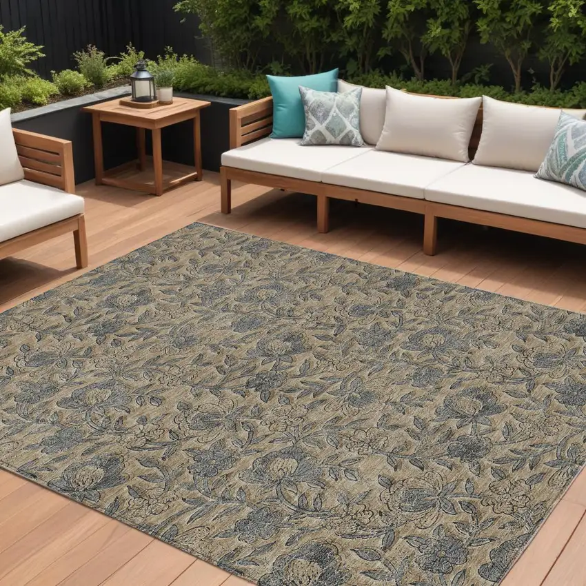 Khaki Beige And Gray Floral Washable Indoor Outdoor Area Rug Photo 1