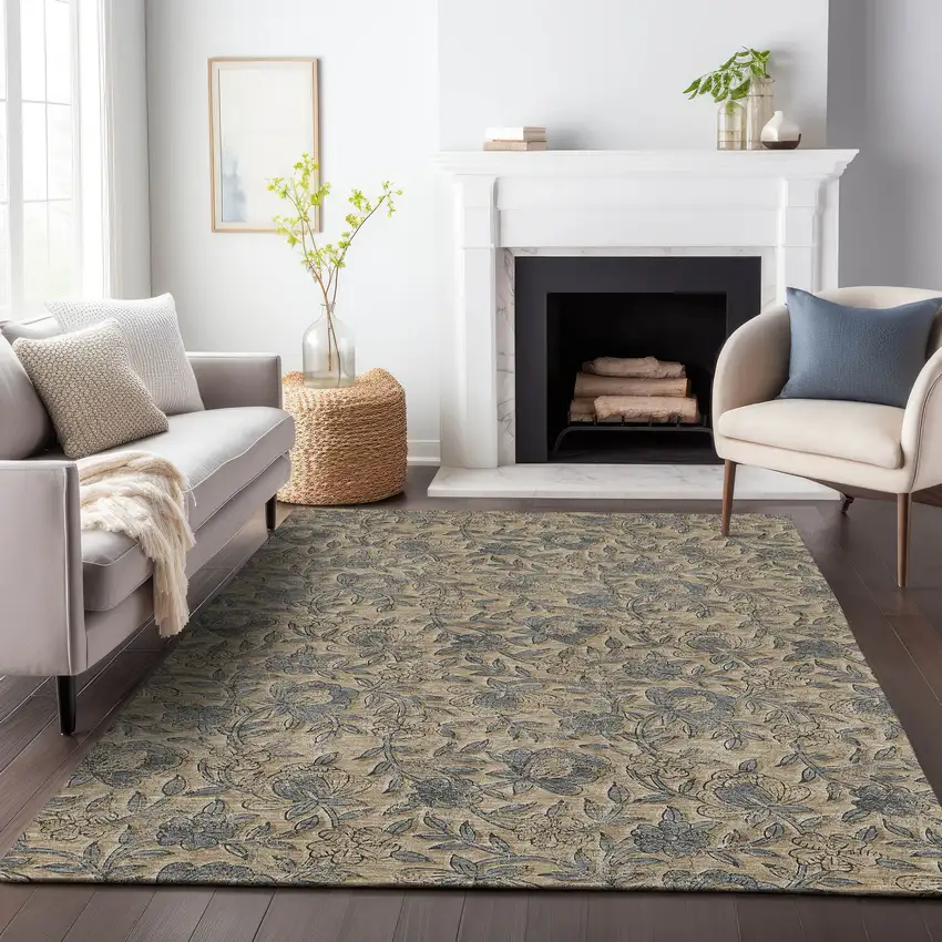 Khaki Beige And Gray Floral Washable Indoor Outdoor Area Rug Photo 7