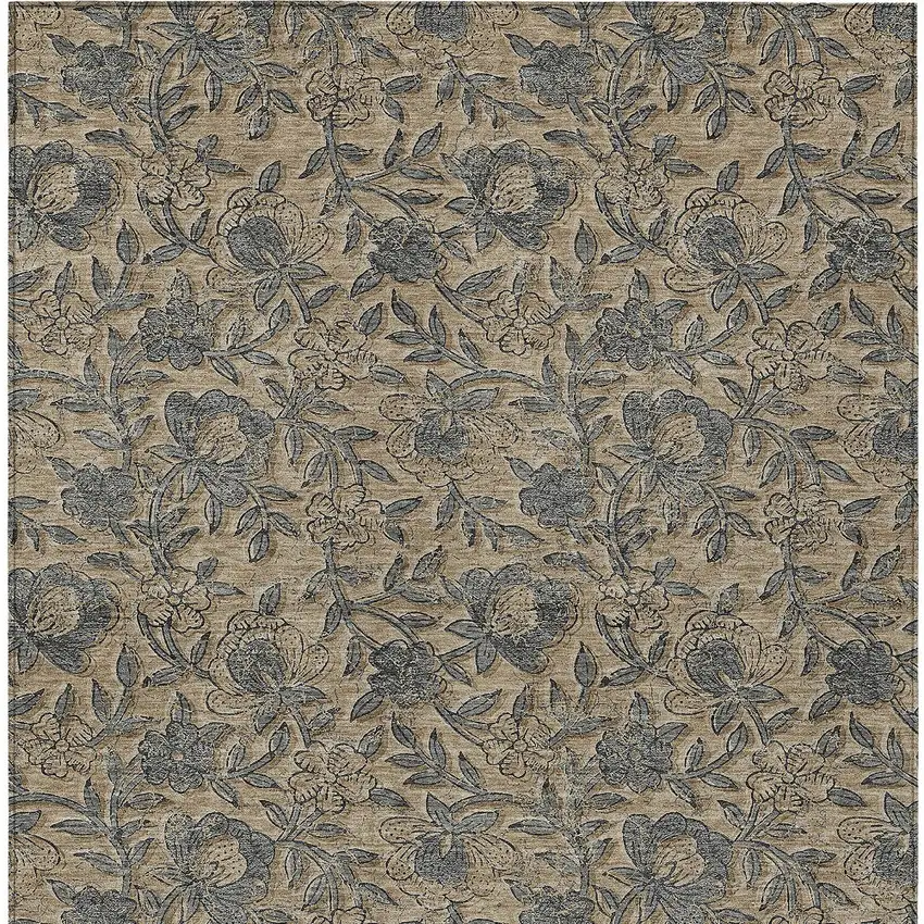 Khaki Beige And Gray Floral Washable Indoor Outdoor Area Rug Photo 5