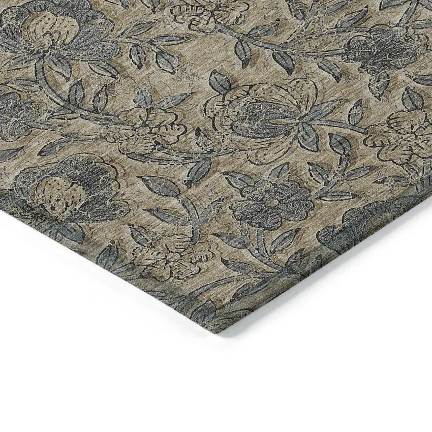 Khaki Beige And Gray Floral Washable Indoor Outdoor Area Rug Photo 3