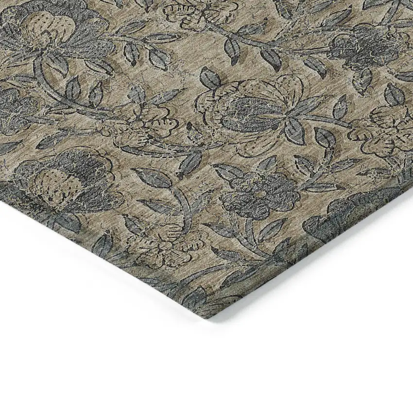 Khaki Beige And Gray Floral Washable Indoor Outdoor Area Rug Photo 3